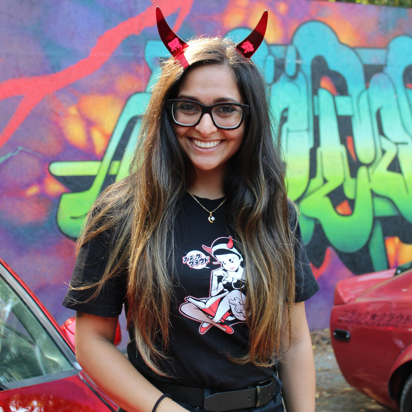Black cotton unisex T-shirt with BLK CLD Vintage Malpractice design on front only in white and red ink and Black Cloud red devil horns
