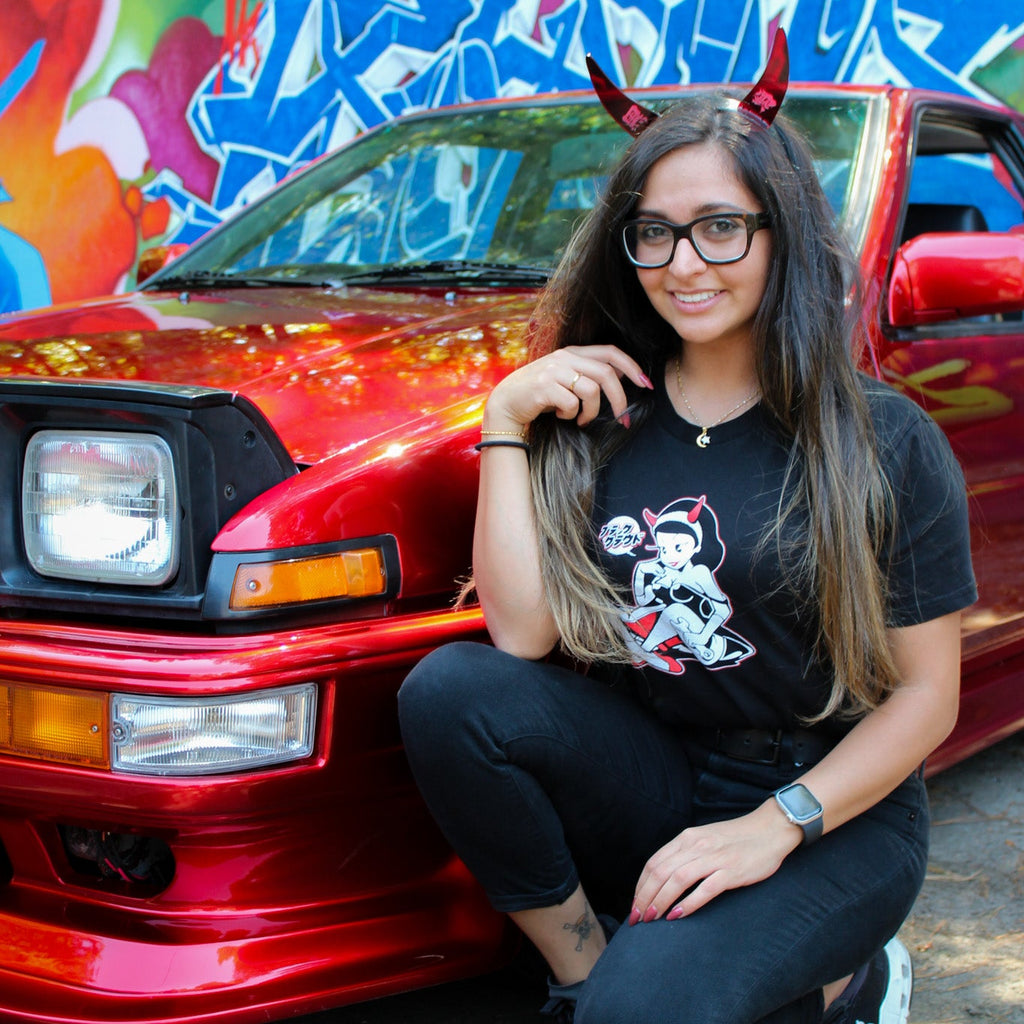 Black cotton unisex T-shirt with BLK CLD Vintage Malpractice design on front only in white and red ink and Black Cloud red devil horns