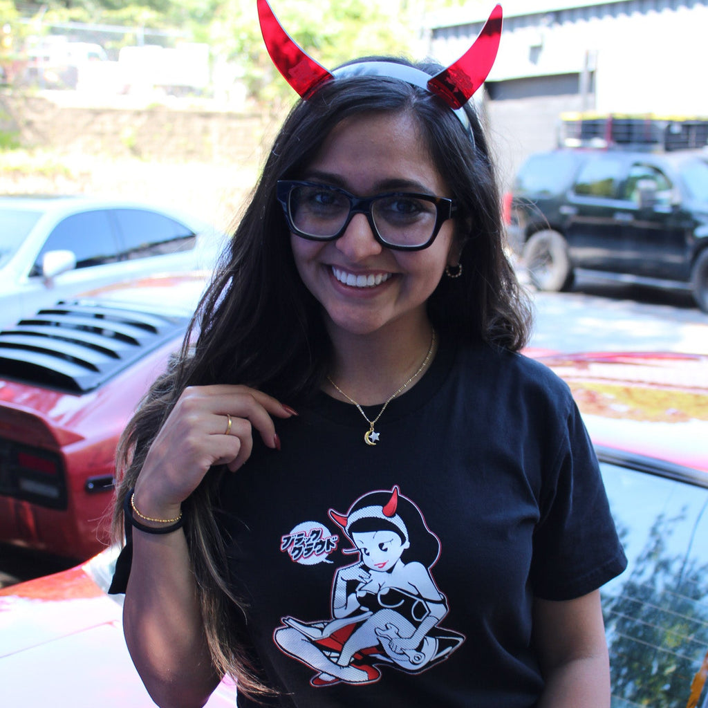 Black cotton unisex T-shirt with BLK CLD Vintage Malpractice design on front only in white and red ink and Black Cloud red devil horns