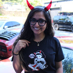 Black cotton unisex T-shirt with BLK CLD Vintage Malpractice design on front only in white and red ink and Black Cloud red devil horns
