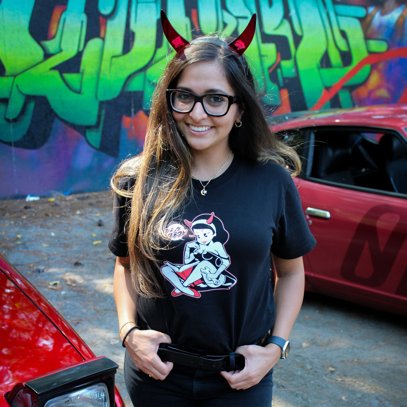 Black cotton unisex T-shirt with BLK CLD Vintage Malpractice design on front only in white and red ink and Black Cloud red devil horns