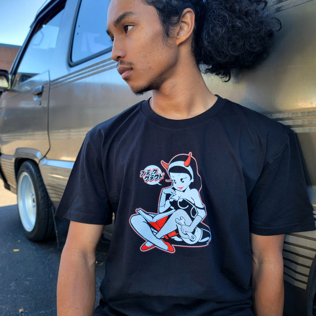 Black cotton T-shirt with BLK CLD Vintage Malpractice design on front only in white and red ink.