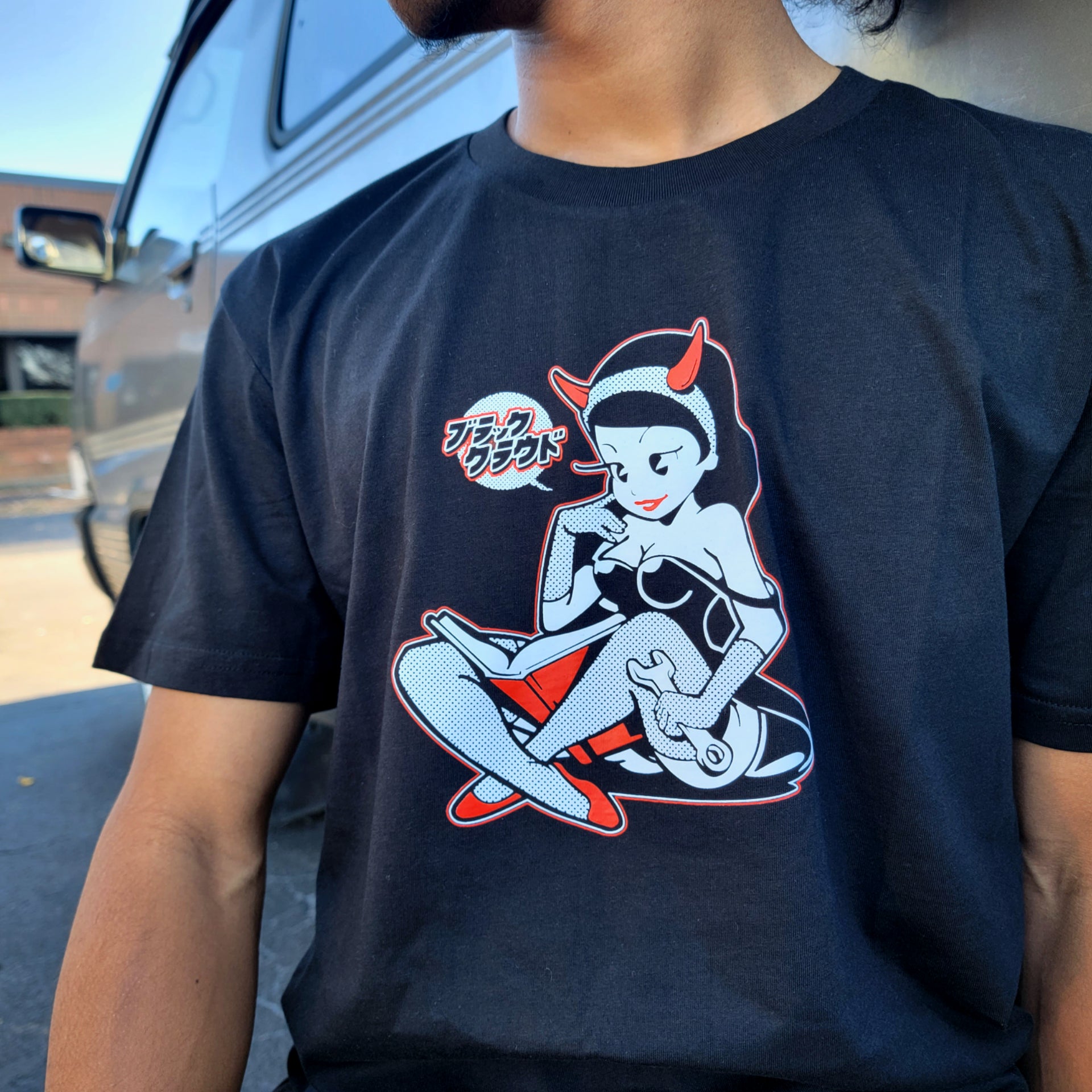Black cotton T-shirt with BLK CLD Vintage Malpractice design on front only in white and red ink.