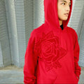 Unisex Pretty PSI red hoodie with turbo rose design on front in red velvet flock and black cloud Japanese kanji characters in red velvet flock on back.