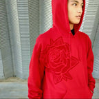 Unisex Pretty PSI red hoodie with turbo rose design on front in red velvet flock and black cloud Japanese kanji characters in red velvet flock on back.