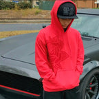 Unisex Pretty PSI red hoodie with turbo rose design on front in red velvet flock and black cloud Japanese kanji characters in red velvet flock on back. Black cloud Kuro Kumo Japanese Kanji characters in gray on black snapback hat.