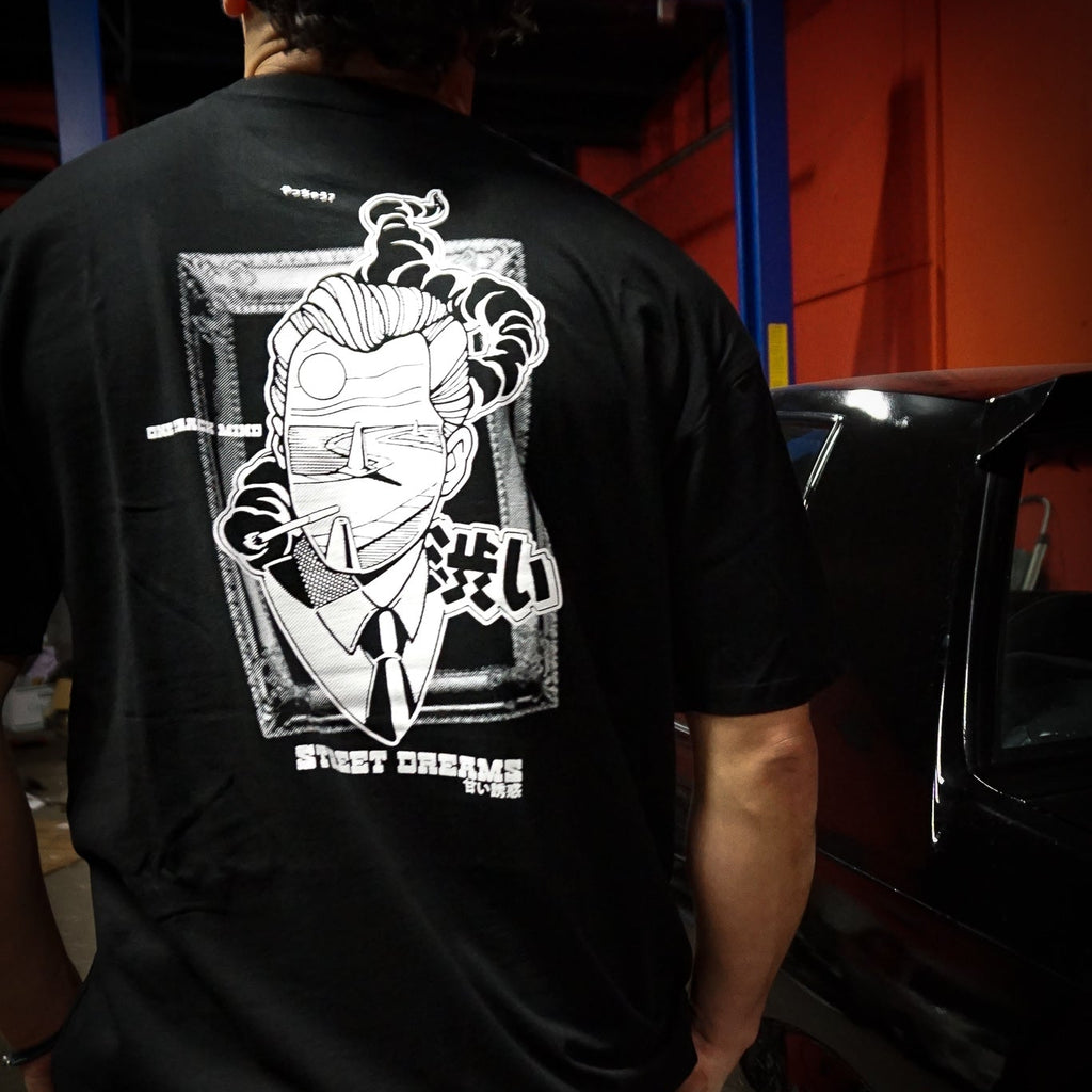 Black and white cotton unisex Street Dreams screen printed T-shirt back