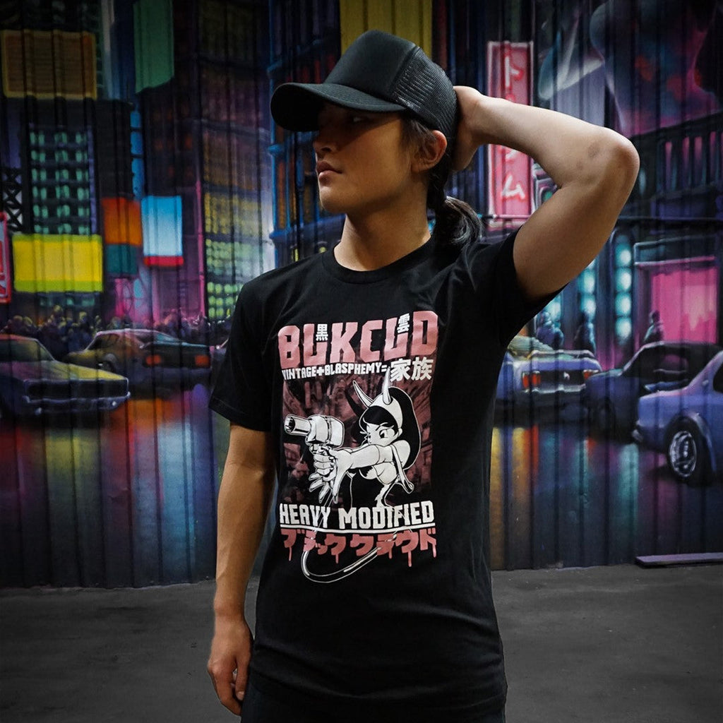 Black unisex soft cotton T-shirt with pink and white heavy modified impact girl design on the front