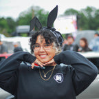 Black laser-engraved acrylic Black Cloud rabbit ears on a velvet black headband with Tail of the Dragon crewneck sweatshirt