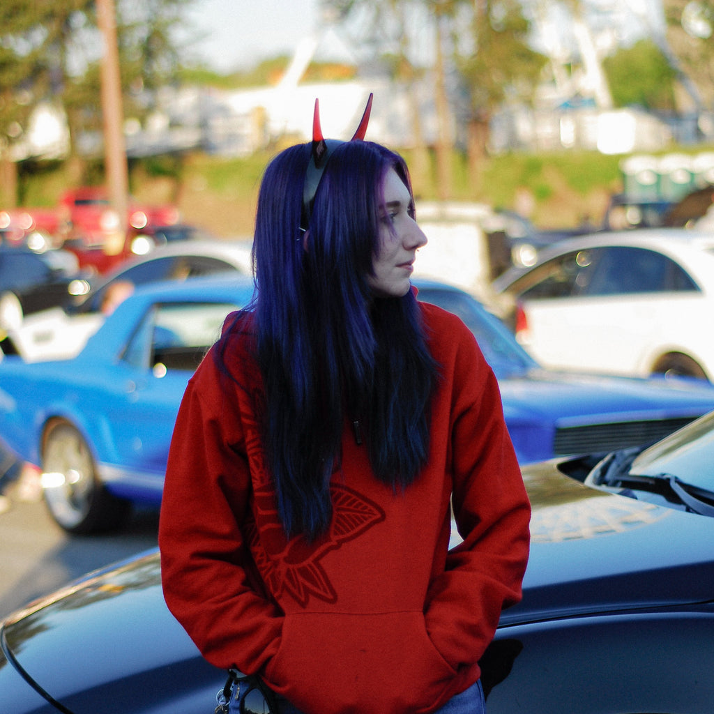 Black Cloud Devil Horns Headband and Turbo Rose Hoodie